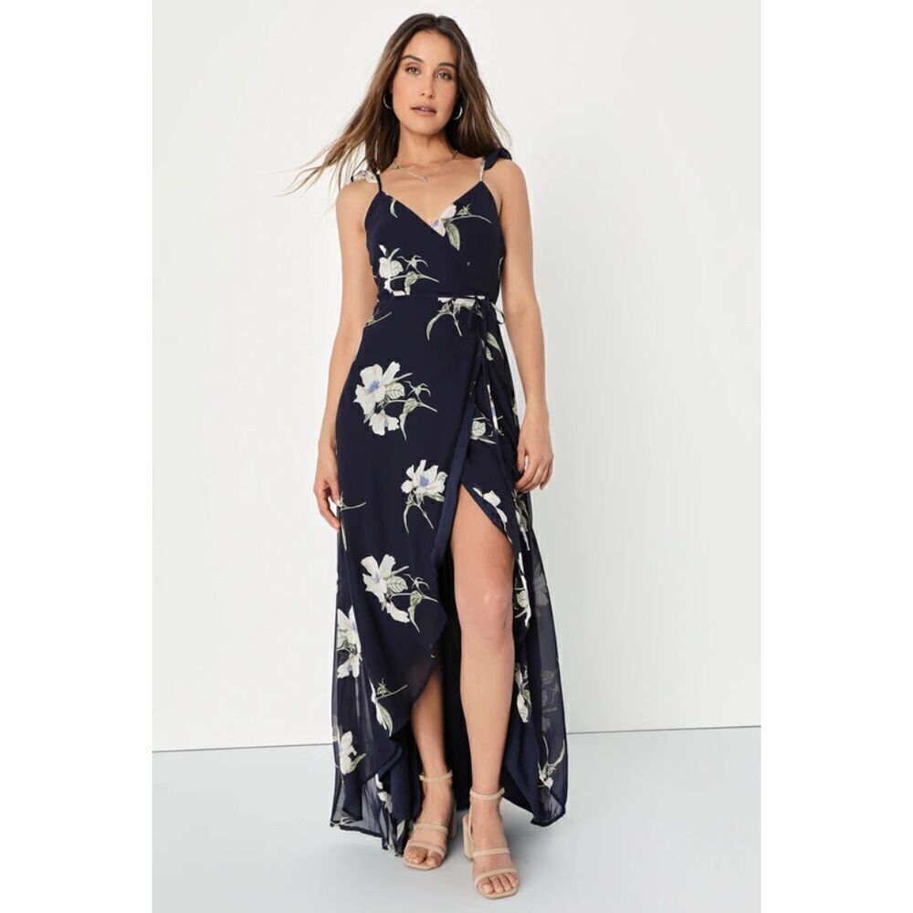 Lulus Womens Dress All Mine Navy Blue Floral Print High-Low Wrap Small
